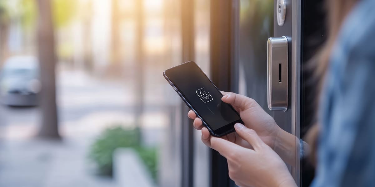 mujer utilizando sistema para cerradura inteligente